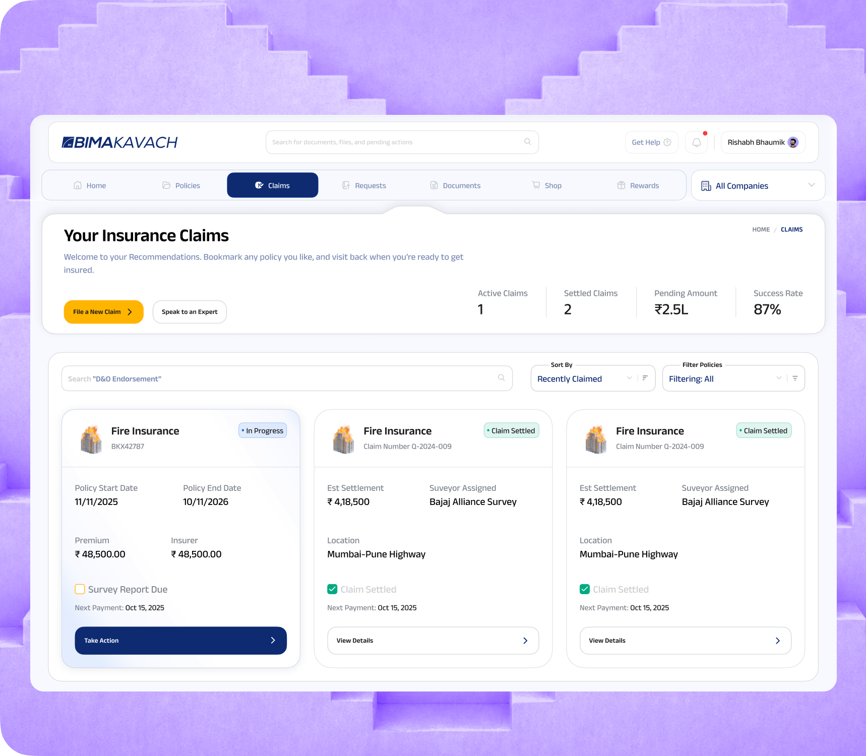 Claims Management dashboard